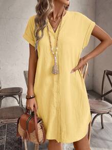 SHEIN Tall CURVE Đầm thường ngày tay ngắn cổ chữ V trơn mùa hè cỡ lớn cho nữ - Màu vàng - Xem 5