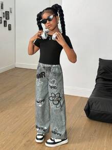 Tween Girl Black Short Sleeve T-Shirt With English Letter & Star Print, Black Pants 2 Pieces Set