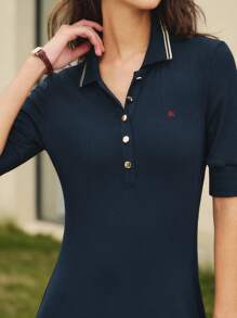 Briarwyn 女式夏季休闲运动字母刺绣撞色条纹 Polo 领短袖修身连衣裙、秋装、返校服、复古风女装、女士教师装、返校节礼服 - 藏蓝色 - 查看 6