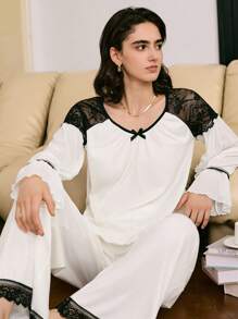 Moireta Set pijamale pentru femei, elegant, matur, din dantelă franceză, cu mânecă lungă, top și pantaloni, haine de toamnă - alb - Vizualizare 5