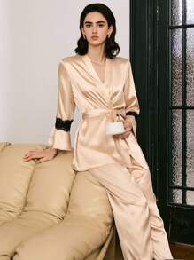 Moireta Set de pijamale pentru femei, elegant, matur, din dantelă, cu model patchwork, din satin, îmbrăcat în satin, pentru dormitor, haine de toamnă și iarnă - alb - Vizualizare 4