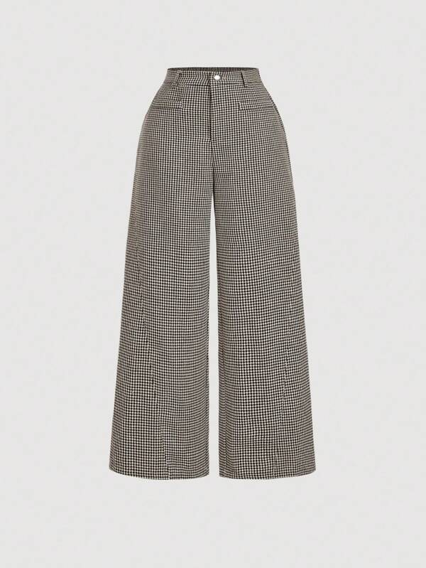 SHEIN MOD Women's Solid Color Vintage Plaid Wide-Leg Pants,Khaki Pants, Teacher Outfits,Brown Pants,Wide Leg Jeans,Boho Women Clothing,Back To School
