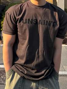 DAZY Camiseta casual de hombre con estampado de letra, verano - Marrón - Ver 4