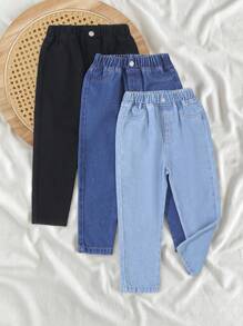 SHEIN Vintaside Kids 3 件装年轻男孩牛仔裤，新时尚修身锥形腿休闲百搭牛仔裤，黑色/深蓝色/浅蓝色 - 彩色 - 查看 6