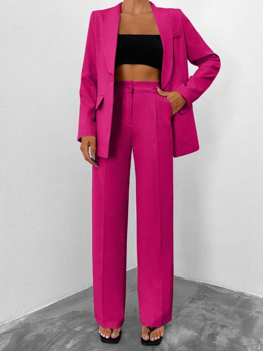 EURMUSE Women's Daily Casual Solid Button Suit Set - Hot Pink - View 1