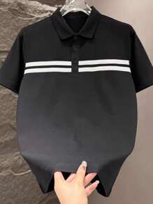 Manfinity Dauomo Men's Casual Contrast Stripe Short Sleeve Polo Shirt, Summer - Black - View 1
