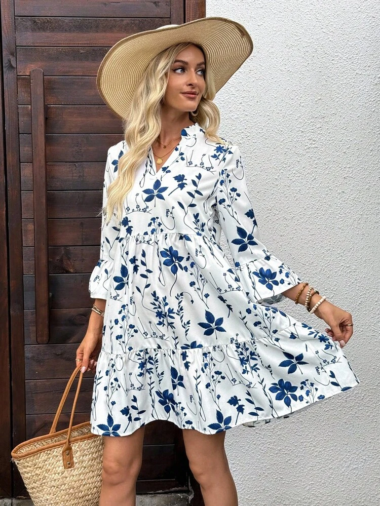 Women's Floral Print V-Neck Bell Sleeve Short Casual Dress For Holiday Fall Clothes Fall Dresses For Women Fall Outfits Women Autumn Clothes Fall Outfits Autumn Winter Clothes For Women Winter Teacher Outfits For Women Oing Out Tops Women Business Casual Woman Usiness Casual Outfits Women Usiness Casual Outfits Women Country Country Outfits Women Old Money Basic Teacher Outfits For Women Oing Out Tops Women Back To School Fall Women Clothes Blue And White Floral Dress Women Blue And White Dress Floral Tiered Dress 3/4 Sleeve Dress V-Neck Dress Blue And White Floral Dress Long Sleeve Summer Dress Women Shirt Dress Floral Print Dress Women Blue Floral Dress Women Apparel-Women Plus Clothing-Plus Size Dresses Women Apparel-Women Clothing-Women Dresses-Women Short Dresses Women Apparel-Women Clothing-Women Dresses-Women Long Dresses Specific Pattern: All Over Print Specific Pattern: Floral Hem Shaped: Flounce Type: Shirt Details: Ruffle Hem