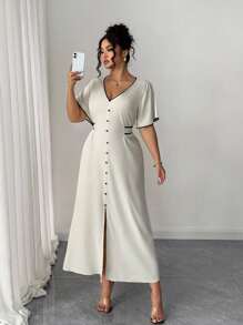 Elenzga Plus Size Women Elegant V-Neck Front Button Cinched Waist Contrast Color Casual Dress