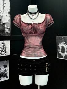 EgrlEra Vintage Puff Sleeve Crew Neck Ribbon & Mesh Patchwork Bodycon Women T-Shirt - Rust Brown - View 5