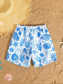 小男孩度假风格印花抽绳沙滩短裤，家庭装妈妈和我（4 件单独出售）