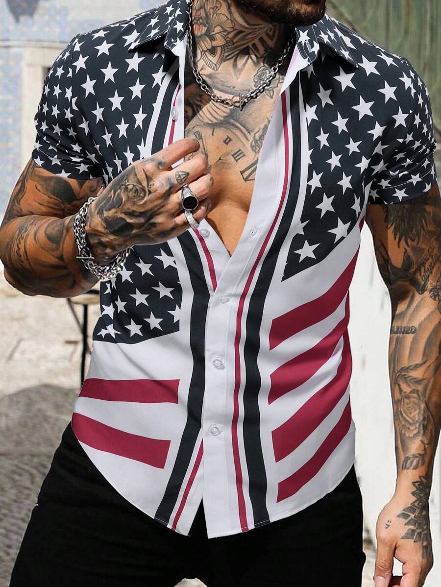 Manfinity LEGND Camisa de manga corta casual estilo americano con estampado, para verano - Multicolor - Ver 1