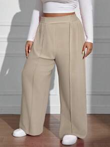 SHEIN EZwear Plus Size Casual Loose Solid Color Elastic Waist Wide Leg Pants,Back To School High Waist Pants - Camel - View 3