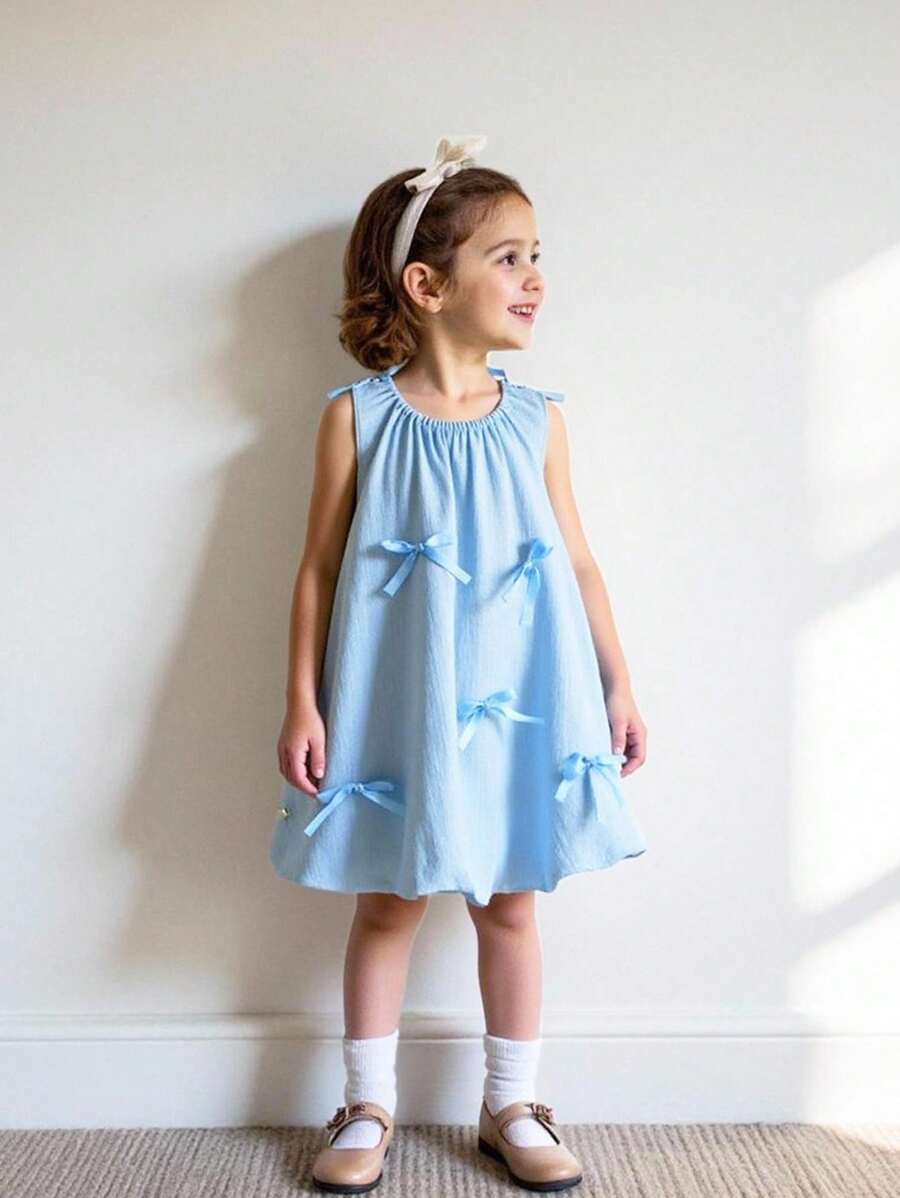 Souflis Souflis Abito azzurro acqua elegante e casual da ragazza, 0-3 anni, in chiffon super morbido, senza maniche, con fiocco - Blu - Visualizzare 1