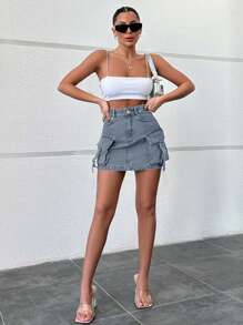 EURMUSE Women's Casual Washed Denim Cargo Mini Skirt - Light Wash - View 4