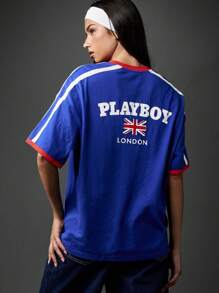 Missguided x Playboy Áo thun thể thao Varsity phong cách cổ điển in cờ Liên hiệp Vương quốc Anh Bộ sưu tập London Tay ngắn Unisex Thời trang dạo phố Thường ngày Thoải mái Áo thun mùa hè xuân - Màu xanh lam - Xem 1