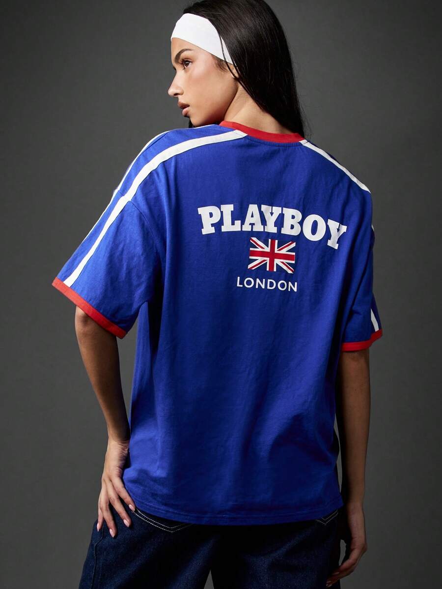 Missguided x Playboy Áo thun thể thao Varsity phong cách cổ điển in cờ Liên hiệp Vương quốc Anh Bộ sưu tập London Tay ngắn Unisex Thời trang dạo phố Thường ngày Thoải mái Áo thun mùa hè xuân - Màu xanh lam - Xem 1