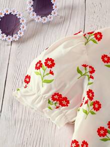 SHEIN 2pcs Young Girl Casual Floral Print Shirt & Denim Pinafore Dress Set - Light Wash - View 4