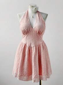 Flirla Vestido Rosa com Gola Halter Feito de Chiffon Jacquard, Tamanhos Plus Size para Mulheres - Rosa chiclete - Visão 4