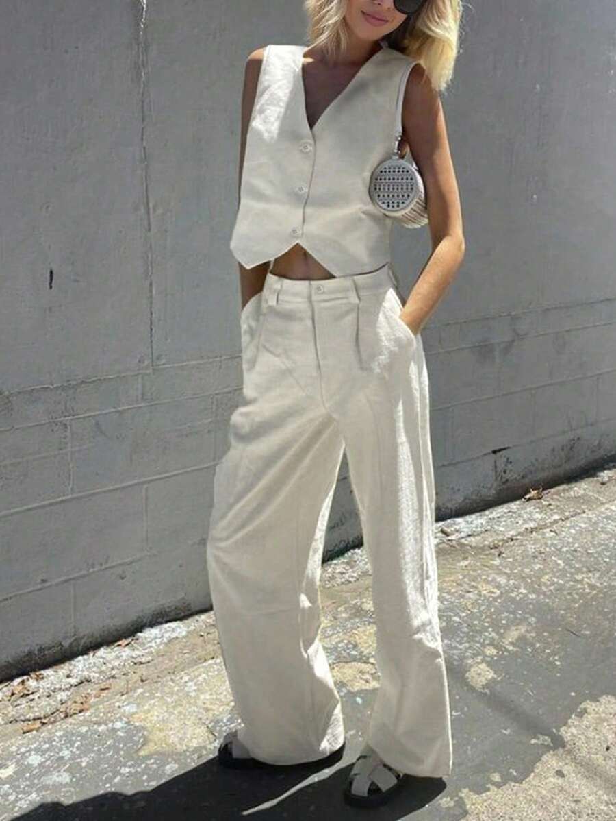 INAWLY 2pcs Women Solid Color V-Neck Sleeveless Top And Pocketed Pants Casual Outfit - White - View 1