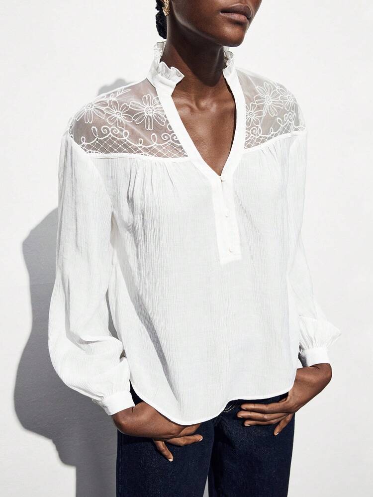 SHEIN Maija Women Frill Notch Neck Floral Lace Patchwork Lantern Sleeve Loose Blouse Lace Blouse White Lace Top White Blouse Lace Shirts White Blouses Elegant