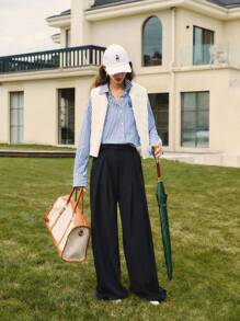 Briarwyn Quần ống rộng xếp ly dệt trơn màu đơn giản dành cho nữ, có túi bên hông, thời trang thu đông dành cho nữ, thời trang trở lại trường, thời trang giáo viên dành cho nữ, phong cách cổ điển dành cho nữ, phong cách quý tộc - màu đen - Xem 5