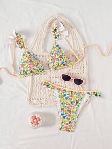 Swim Mod Conjunto de bikini triangular minimalista con estampado de buscadora de playa para mujer - Multicolor - Ver 3