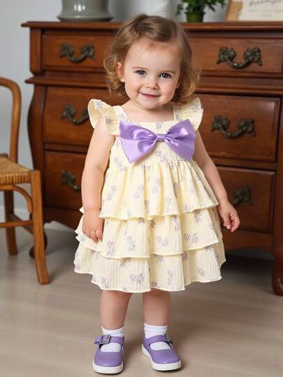 SHEIN Vintaside Kids 夏季新生兒女寶寶無袖花卉印花布娃娃裙,鄉村風