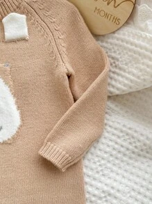 SHEIN Newborn Baby Girls Cute Cartoon Bear Hooded Romper With Hat, Autumn/Winter Fall - Camel - View 3