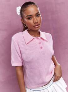 MISSGUIDED Camiseta tipo polo de manga corta con botones, de punto, para el Día de San Valentín - Rosa - Ver 1