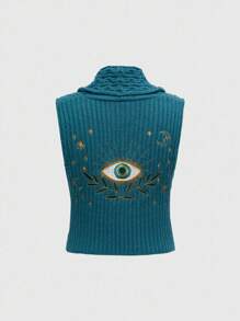 ROMWE Hippie 嬉皮士后眼太阳刺绣扭纹针织女式毛衣背心 - 墨綠色 - 查看 1