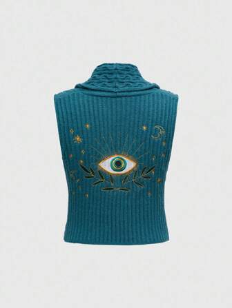 Hippie Chaleco de mujer tejido de punto con bordado de ojo del sol hippie