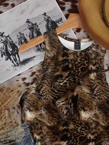 SHEIN EZwear 休闲简约圆领波西米亚风格西部游牧豹纹和奶牛印花图案紧身女式背心，适合夏季、俱乐部适合外出 - 彩色 - 查看 3