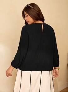 Elaquor Blusa larga de manga larga, elegante, con cuello redondo y bajo asimétrico, talla grande - Negro - Ver 2