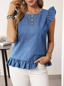 EMERY ROSE Women's Casual Ruffle Denim Blouse - Blue - View 3