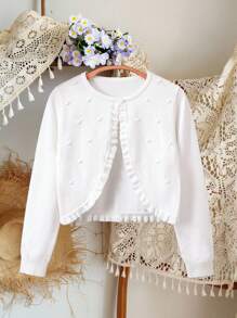 SHEIN Vintaside Kids Tween Girl Frill Trim Open Front Cute Cardigan With Long Sleeves - White - View 8