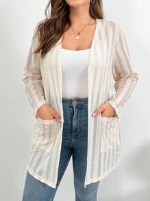 SHEIN Essnce 大码女装春夏时尚休闲宽松舒适日常透视纹理面料杏色长袖开衫外套，秋季女装，外出上衣，女士早午餐装，简约风格 - 杏色 - 查看 3