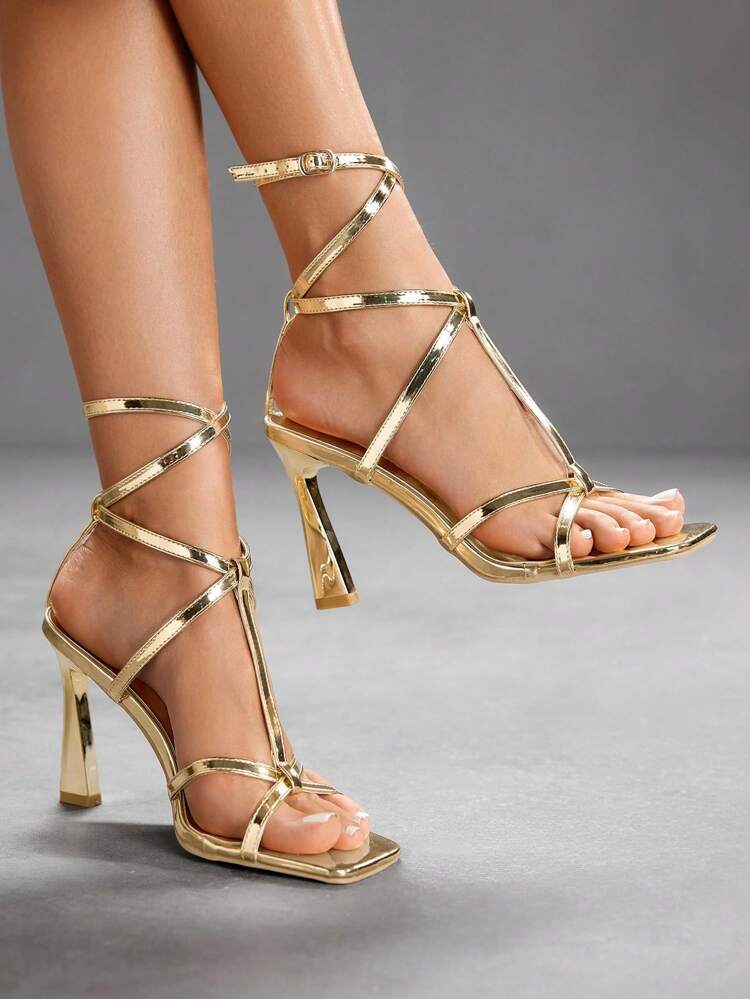 CUCCOO SZL Women's Metal Crossover Design Fashion High Heel Sandals For Party Occasions For Christmas