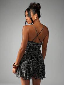 MISSGUIDED Flirty Floral Mini Dress Chiffon Empire Waist Cami Strap Summer Wedding Guest Fit And Flare Ruffle Hem - Black and White - View 2