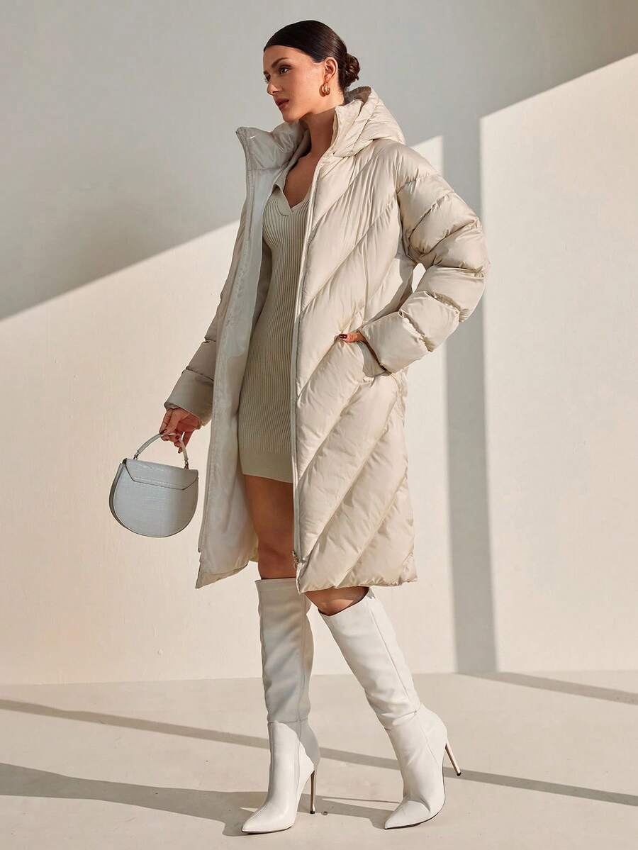 CLARA VERO Women Solid Color Zipper And Pocket Detailed Hooded Winter Coats - Beige - View 1