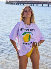 Aralina 女士超大号拜伦湾柠檬图案T恤，适合夏季度假穿着 - 淺灰紫 - 查看 6