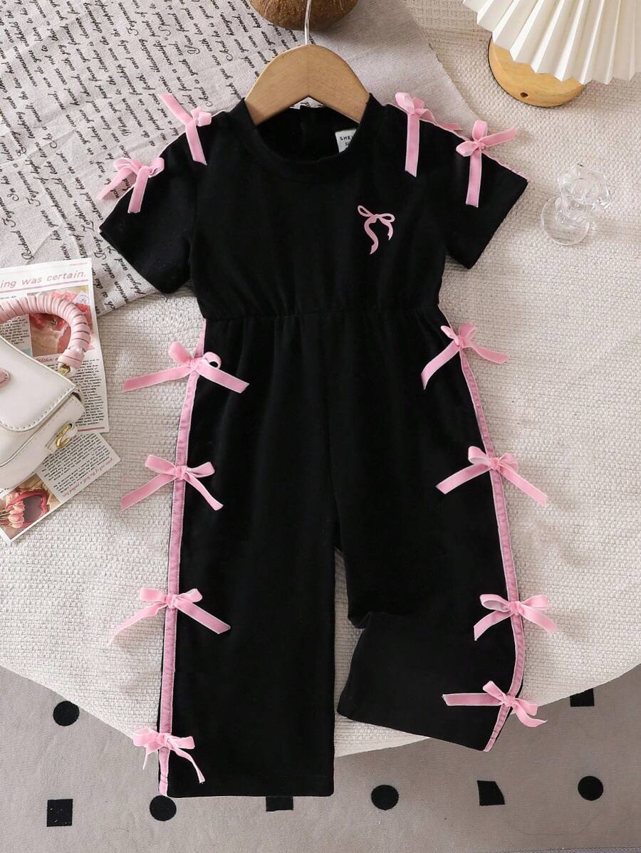 SHEIN 2025年夏季新款女婴黑色针织连体衣，饰有粉色蝴蝶结 - 黑色 - 查看 1