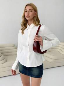 SHEIN EZwear Women's Casual Versatile Solid Color Waisted Blouse,Fall Business Casual Women Clothes - White - View 3