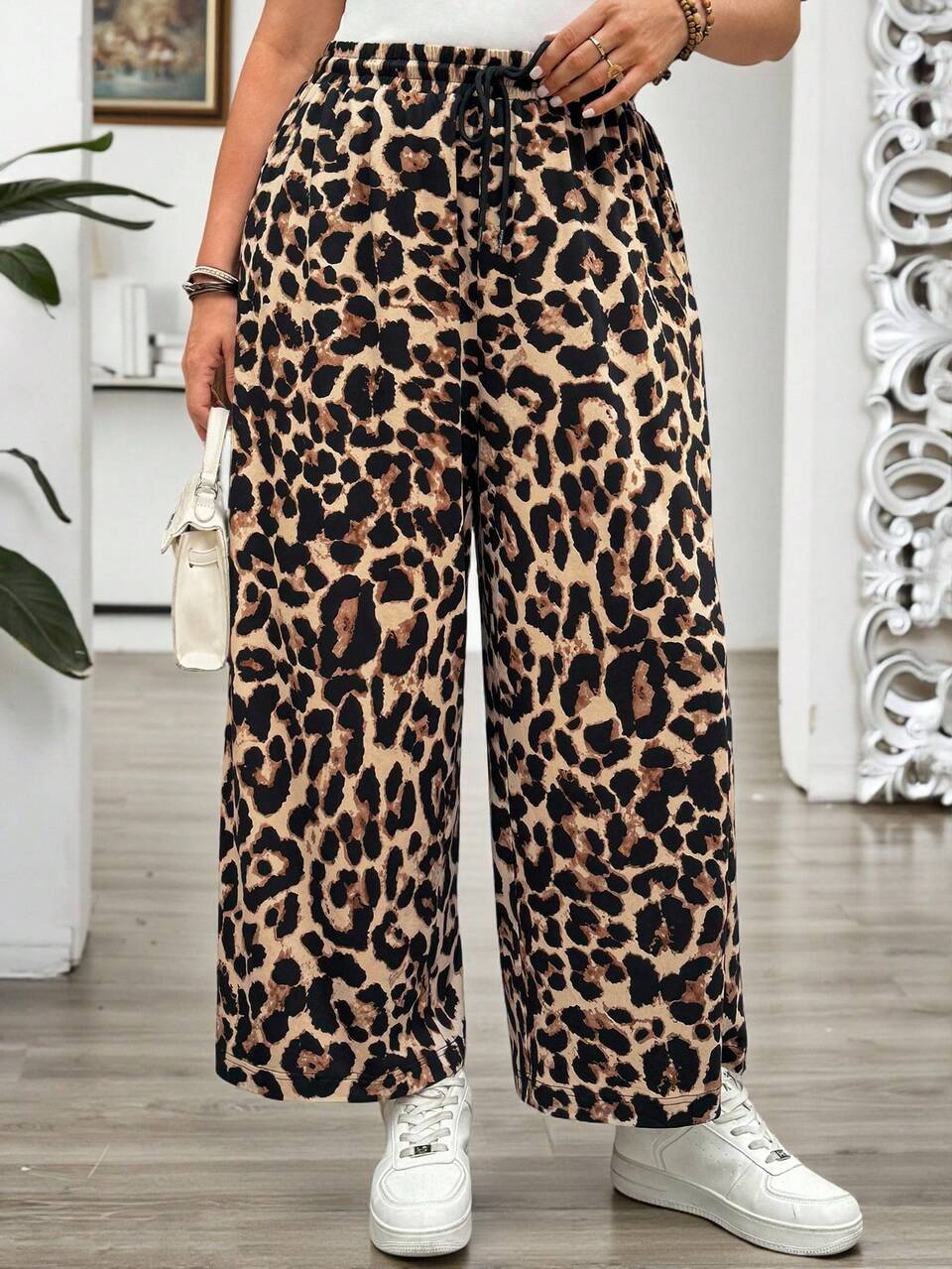 Plus Size Casual Loose Leopard Print Wide-Leg Pants,Summer,Casual,Autumn,Fall