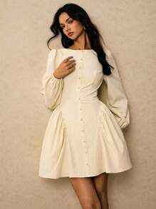 Poéselle Elegantes, einfarbiges Minikleid mit Laternenärmeln und geraffter Taille für Damen, Herbstkleider für Damen, Freizeitkleider, Büro-Outfits für Damen, Business-Casual-Damen, klassische Outfits für Damen, Old-Money-Style für Damen, Herbst-Outfits für Damen - Beige - Übersicht 7