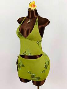 Amplova 2件套亮片花卉刺绣深V露背露背短款上衣和前开叉裹身裙 - 綠色 - 查看 5