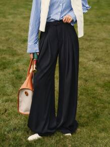 Briarwyn Quần ống rộng xếp ly dệt trơn màu đơn giản dành cho nữ, có túi bên hông, thời trang thu đông dành cho nữ, thời trang trở lại trường, thời trang giáo viên dành cho nữ, phong cách cổ điển dành cho nữ, phong cách quý tộc - màu đen - Xem 4