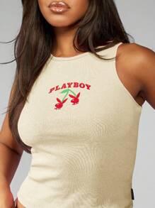 Missguided x Playboy Vintage inspiriertes Baumwollgemisch Tanktop mit Rückenteil, Kirsche Design, hoher Kragen, ärmelos, elastischer Rippstrick, Sommer Lässig Streetwear Y2K Tanktop