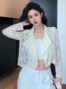 DAZY 女士宽松休闲街头风格撞色蕾丝长袖夹克薄外套，适合春、夏、秋、秋季女装 - 米色 - 查看 7