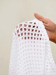 Bonvoyette 2 件套女士度假纯色长袖短款上衣和镂空下摆半身裙套装 - 白色 - 查看 7