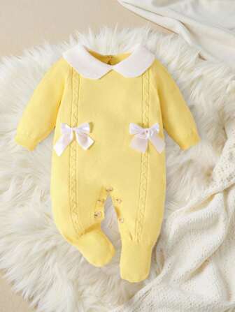 SHEIN Baby Girl Knit Turtleneck Long Sleeve Jumpsuit Footless Jumpsuit, Cozy And Warm, Elegant Bowknot Design, Suitable For Autumn/Winter, Yellow/Light Yellow, Versatile For Everyday, Indoor, Outdoor, And Travel